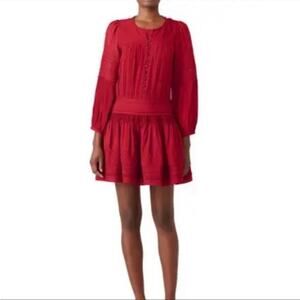 Sea New York azzedine dress red bohemian embroidered smocked drop waist pin tuck